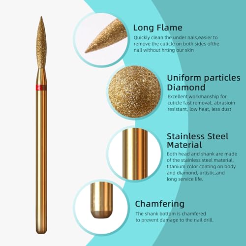 2mm Long Flame Cuticle Clean Nail Drill Bit, Titanium Series Russian Diamond Nail Bits Professional Safety Under Nail Cleaner for Cuticle Dead Skin, Electric Nails Accessories, Fine - color: 2mm Long Flame Cuticle Bit, size: Fine - F