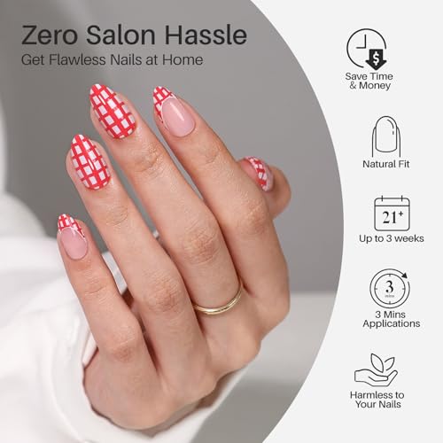 SHANGMENG Press on Nails, Almond Short Red Plaid Mixed French Tip Nails - color: Picnic Time