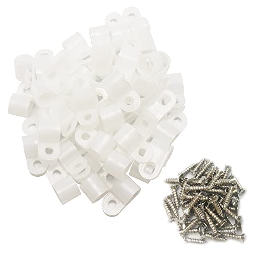 Cable Clamp R-Type Cable Clip Wire Clamp 5/16" Nylon Screw Mounting Cord Fastener Clips with Screws for Wire Management - White - 50 Pcs - size: 5/16" White