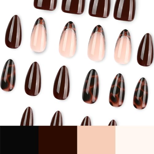 Brown Press on Nails Medium Almond Tortoise Shell Fake Nails - color: style-03