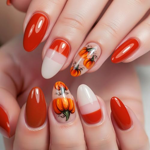 Fall Press on Nails Medium Almond, Pumpkin, Orange - color: Style-11