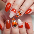 Fall Press on Nails Medium Almond, Pumpkin, Orange - color: Style-11
