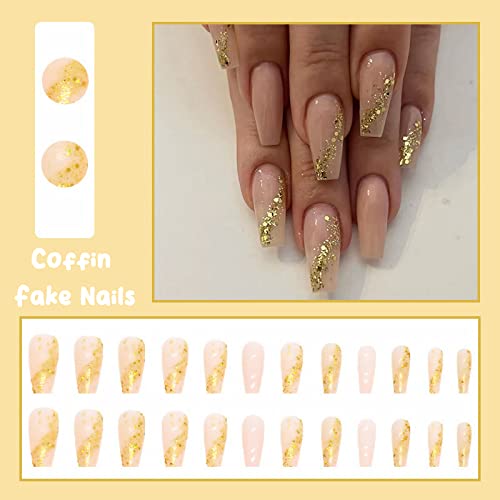 MISUD Press on Nails - Long Coffin Glue on Nails with Bling Gold Glitter, Acrylic Nude Pink Design 24 pcs - color: 019A06-02Gold