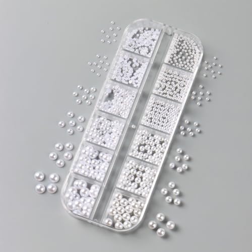 12 Grids White Pearl Nail Art Charms Multi Size Round and Half Round Pearls