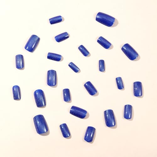 Press On Nails, Short Square Blue Cat Eye Galaxy, 24PCS - color: 078-Dark Blue Square Cat's Eye