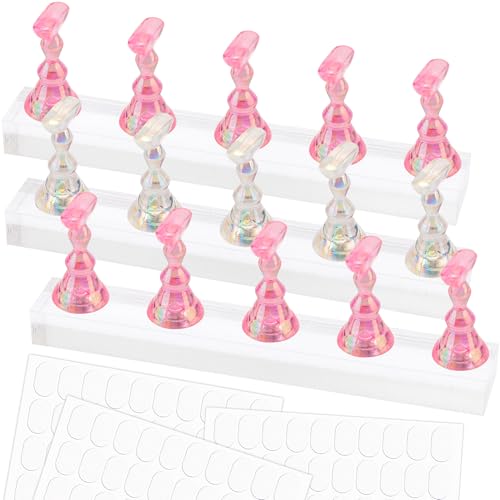 Nail Stand for Press Ons, Nail Holder for Painting Nails, Upgraded Solid Acrylic Magnetic Fake Nail Stands Tips, 3 Nail Holder with Double-sided Tape Practice Nail Art Tools - color: Pink+Clear