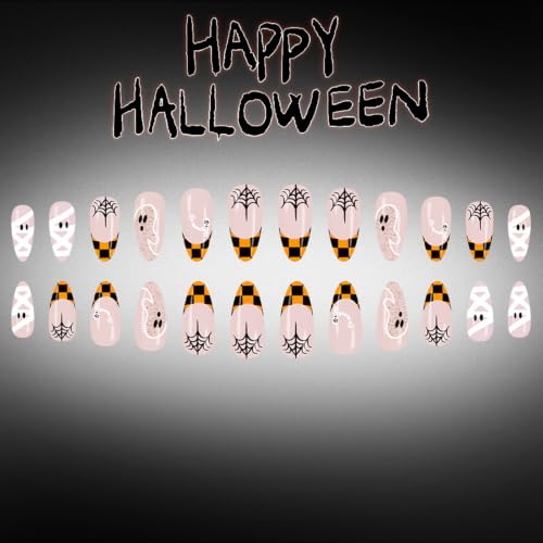 Halloween Almond Press On Nails Medium Nude Fake Nails French False Nail - color: Style C007, size: Medium