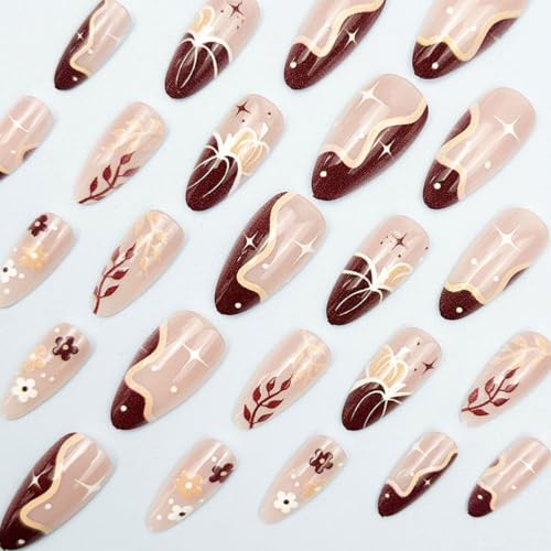 Fall Medium Almond Press On Nails Brown Pumpkin Fake Nails - color: Halloween26-Brown-14