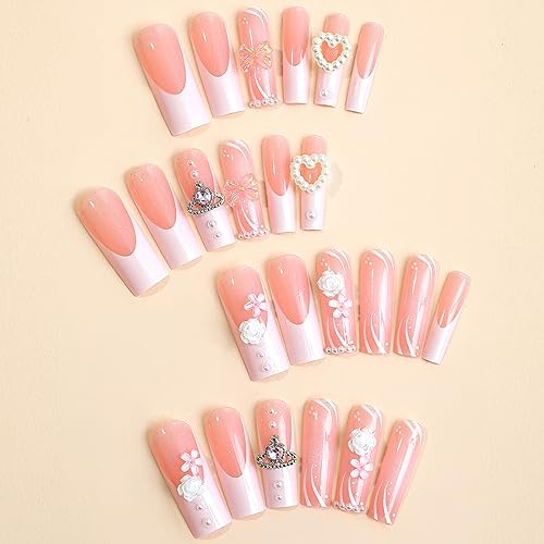 Square Press on Nails Medium - White French Tip Extra Long Fake Nails Press ons,24 Pcs Flower Pearl Charms Design Glue on Nails Pink Acrylic Nails Glossy Full Cover False Nail For Women - color: Flower Pearl Charms