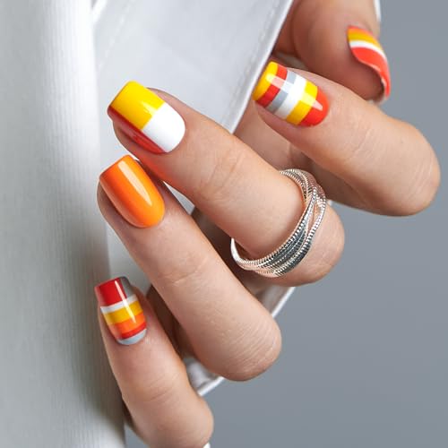 CurvLife Shrot Square Fall Press On Nails, Citrus Pop Red, Soft Gel - color: Citrus Pop