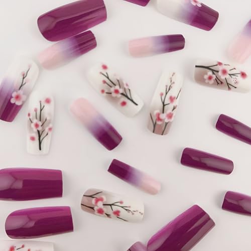 GRITOSE 24pcs Square Press-On False Nails, Purple White Gradient, Glossy, Full Cover, Gel Glue, Women Girls Spring Summer Manicure - color: style16