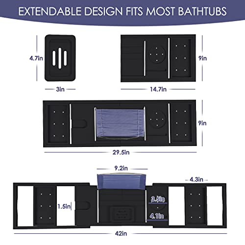 Foldable Bathtub Tray Caddy with Soap Dish Adjustable 29.5-43''Black - color: Black