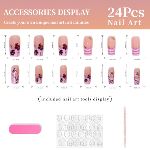 24Pcs Pink Flower Press on Nails Medium Square Fake Nails Summer Hibiscus Flowers False Nails Pink White Striped Acrylic Nails Spring Summer Glue on Nails Wine Red Flower Stick on Nails for Women - color: Hibiscus Striped Style
