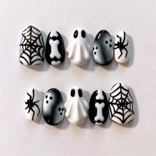 Halloween Press On Nails Short Almond Fake Nails Black White Spider Web Bone Design Spooky Halloween Nails 3D Ghost Acrylic False Nails Reusable Goth Stick On Nails for Women Manicure 30Pcs - color: special Halloween-14