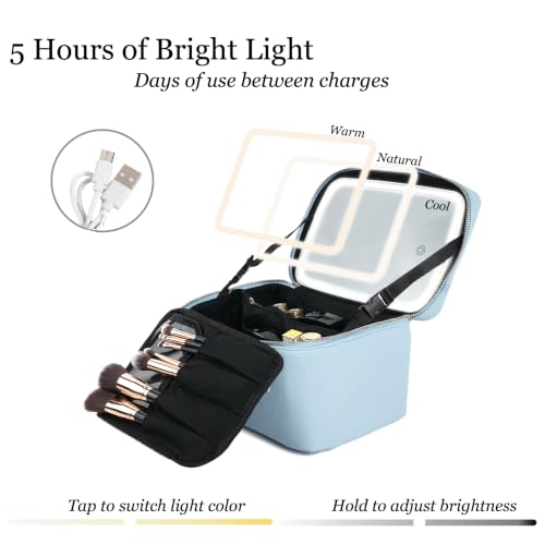 Travel/Daily Makeup Bag/Cosmetic Case with Detachable LED Mirror - color: Sky Blue