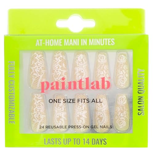 PaintLab Beige Lace Press On Nails, Long Coffin, 24pcs Nail Kit - color: Beige Lace