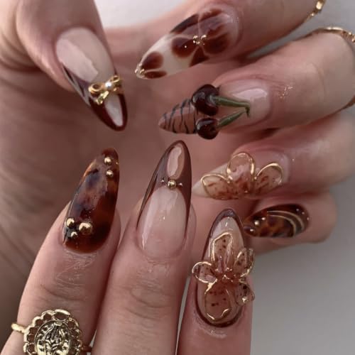 Fall Brown Press on Nails Medium Almond - Tortoise & 3D Cherry - color: D-49