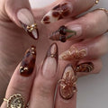 Fall Brown Press on Nails Medium Almond - Tortoise & 3D Cherry - color: D-49