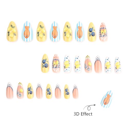 Medium Almond Press On Nails, 3D Lemon Blueberry Fake Nails, 24PCS - color: 099-Lemon Coast