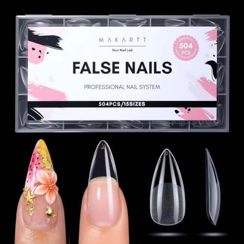 Makartt Medium Sharp Almond Nail Tips: Hybrid Almondetto Shape, 15 Sizes Clear Full Cover Fake Nails Extension, 504PCS Half Matte Soft Gel Tips for DIY Nail Lovers, Press-on Creators, Salon Supplies - size: Long