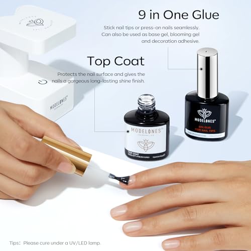 modelones X Nail Gel Glue 9 in One Base Top Coat Set 15ml 2Pcs for Nail Tip