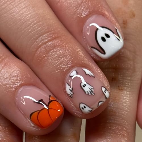 Halloween Press on Nails Cute Little Ghost Stick on Nails Glossy Fake Nail with Orange Pumpkins Designs Full Cover Acrylic Short Square False Nails for Women DIY Halloween Manicuare 24 Pcs - color: Halloween Ghost