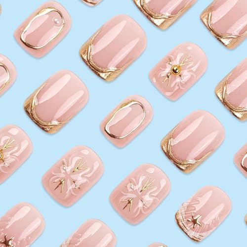 French Tip Press on Nails Short Square Fake Nails with Bead Chrome 3D Stripe Designs Shell Nails Press ons Gold Nude Glue on Nails Glossy Acrylic Nails Artificial Stick on Nails for Women 24Pcs - color: 18