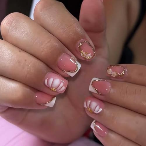 French Tip Press on Nails Short Square Flower Gold Line Design - color: White Gold