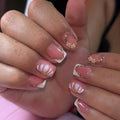 French Tip Press on Nails Short Square Flower Gold Line Design - color: White Gold