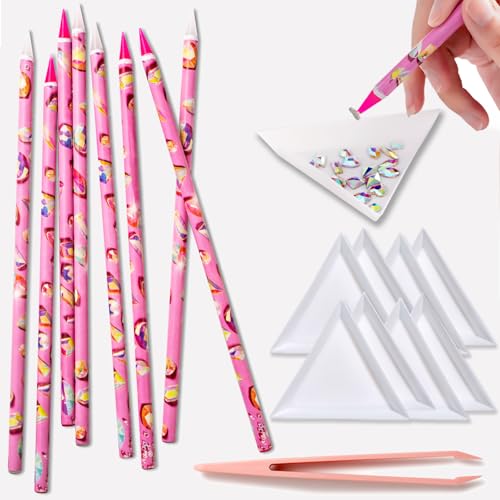 17Pcs Rhinestone Picker Tool Kit, Self-Adhesive Wax Pencil for Rhinestones and Diamond Painting, Jewel Picker Tool Dotting Tools for Nail Art, Little Nail Gem Tool with 8 Rhinestone Tray Nail Tweezers - color: 17pcs