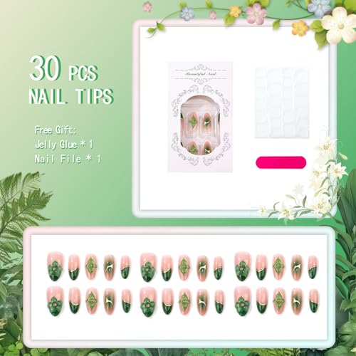 Green French Press On Nails Medium Almond Fake Nails Floral False Nails With Glod Curve Desigh Reusable Acrylic Nail Press Ons Full Cover Glossy Glue On Nails For Women Manicure 24Pcs - color: Design-22