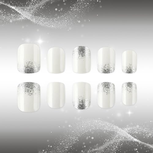 Short Press On Nails Square Fake Nails With Silver Glitter Design Acrylic Glue On Nails Glossy Cream White False Nails Press Ons Reusable Stick On Nails For Women - color: short square nails-5