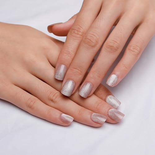 Nude Press on Nails Short Square, Summer Cat Eye Press on Nails, Fashion Gel Fake Nails, Reusable Acrylic Fake Nails, Glossy Stick on Nails for Women, Glue on Nails Kit, Icy Nude - color: B04-Icy Nude