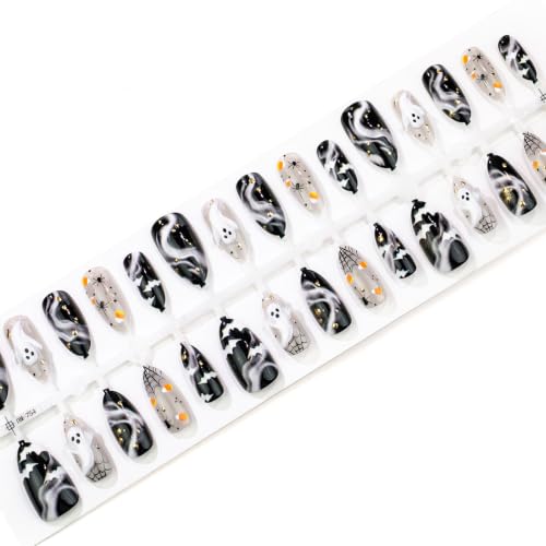 30Pcs Halloween Press On Nails Medium Almond Shape Gothic Fake Nails with 3D Ghost Bat Spider Web Designs Black White Glossy Full Cover False Nails Spooky Halloween Acrylic Nails Set for Women - color: special Halloween-10