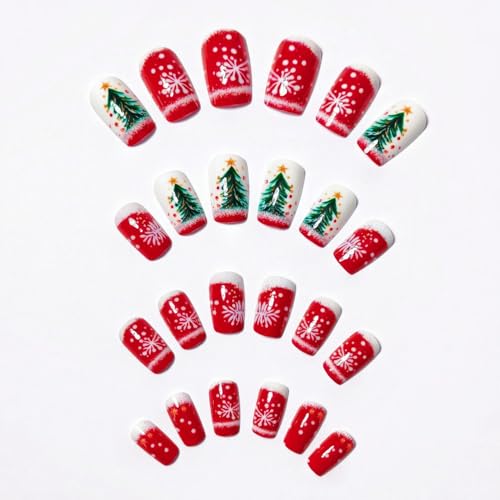 24 Pcs Christmas Press on Nails Xmas Trees & Snowflake Fake Nails with Design Winter Snowflake False Nail Glossy Red Full Cover Christmas Artificial Stick on Nails Art for Women DIY Nail - color: Style 45