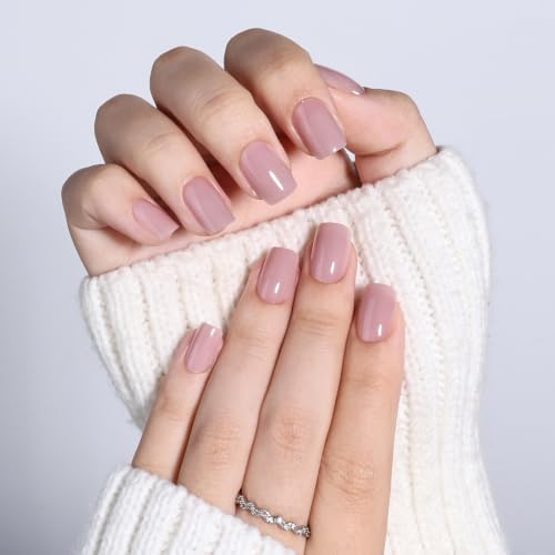 Pink Nude Press On Nails, Short Square, Glossy Skin Tone Glue On Nails - color: A8-Pink Nude