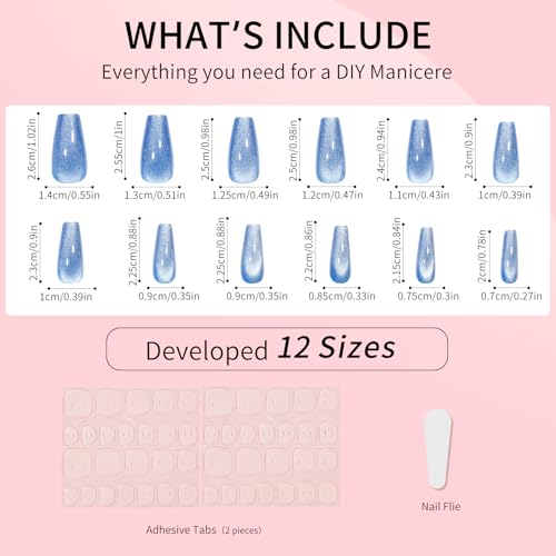 Blue Cat Eyes Press On Nails,12 Sizes-24 Pcs Soft Gel Medium Coffin Fake Nails Kit with Nail Glue, Natural Reusable Stick On False Nails for Women and Girls (Skycloud Blue Nails) SK0981 - color: SK0981-Blue