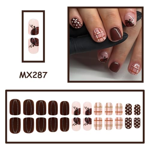 24Pcs Brown Fall Press on Nails Short Square Fake Nails with Plaid Polka Dots Designs Thanksgiving False Nails Pumpkin Glue on Nails Autumn Glossy Full Cover Stick on Nails for Women - color: Fall14