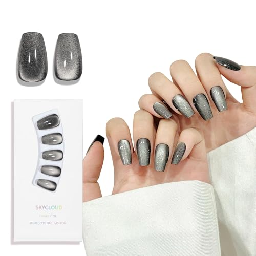 Black Cat Eyes Press On Nails,12 Sizes-24 Pcs Soft Gel Black Medium Coffin Fake Nails Kit, Natural Reusable Stick On False Nails for Women and Girls SK0861 - color: SK0861-Black1