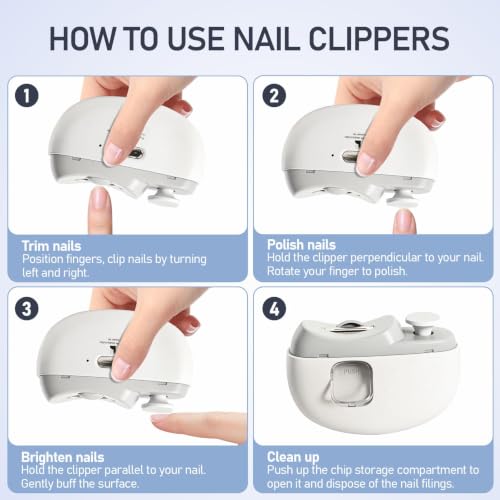 Electric Nail Clipper for Baby Kids Adults Seniors, Rechargeable Nail Trimmer with LED Light & 2 Speeds, 2-in-1 Auto Polishing File with Nail Scraps Storage, Ultra-Quiet Safe Anti-Pinch Design