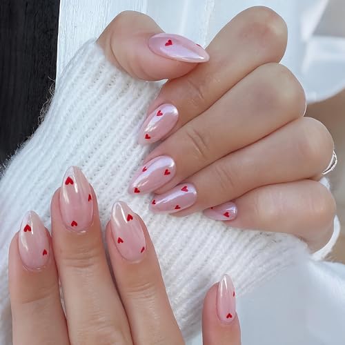 Qsnidy Pearlescent Press on Nails - Glazed Red Heart, Medium Almond - color: Glazed Red Heart