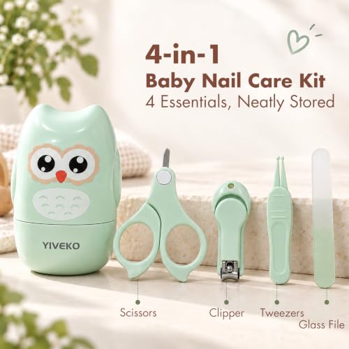 Baby Nail Kit, 4-in-1 Baby Nail Care Set with Cute Case, Baby Nail Clippers, Scissors, Nail File & Tweezers, Baby Manicure Kit and Pedicure kit for Newborn, Infant, Toddler, Kids-Owl Green - color: Green