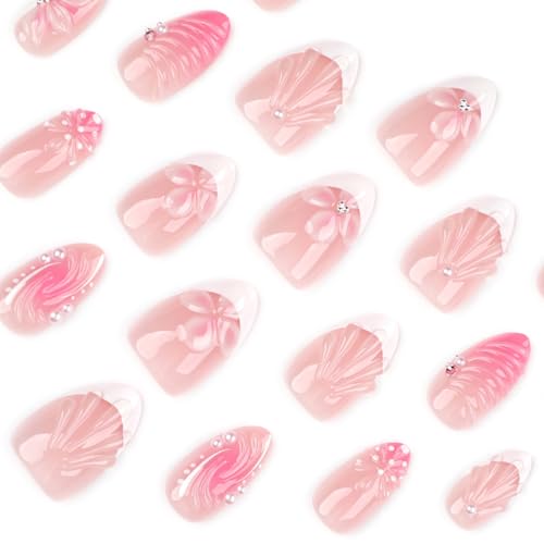 Press on Nails Short Almond - White French Tip with 3D Floral - color: D-55