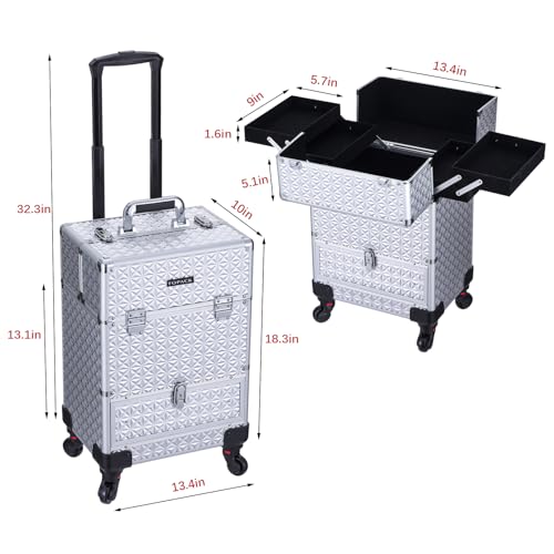 TOPACK 3-In-1 360°Rotaing Rolling Makeup Train Case with Trolley/Drawer - color: silver, size: medium