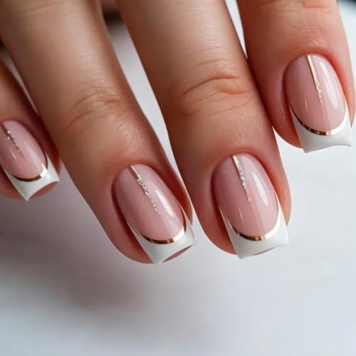 White French Tip Press on Nails Square Medium Fake Nails with Glitter Line Designs Pink Nails Press ons Glossy Glue on Nails Acrylic False Nails Artificial Stick on Nails for Women 24Pcs - color: Glitter Line Designs