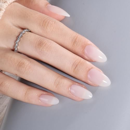 Milky White Press On Nails, Short Almond, Glossy Skin Tone Glue On Nails - color: B5-Light Nude
