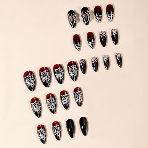 MISUD Press on Nails - Medium Stiletto Glue on Nails with Goth Red Black, Acrylic Spider Web Vampire Design 24 pcs - color: 11213Red&Black