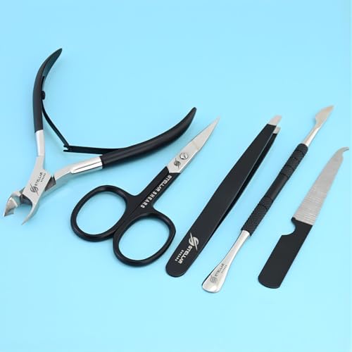 5-in-1 Cuticle Trimmer Set – Professional Cuticle Nipper, Scissors, Pusher, Tweezer & Nail File – Stainless Steel Manicure Pedicure Kit for Women, Salon & Home Nail Care (Matte Black) - color: Matte Black