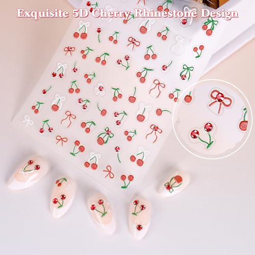 5 Sheets Cherry Nail Stickers 5D Embossed Rhinestone Cherry Bow - color: Cherry Bow
