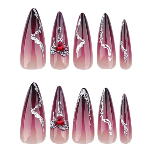 Halloween Red Ombre Press on Nails Long Stiletto - Heart Rhinestone - color: Style-26